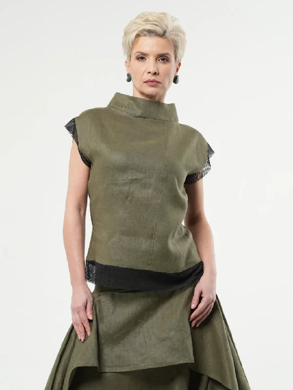 Turtleneck Linen Top In Khaki Youthful Women's Pop