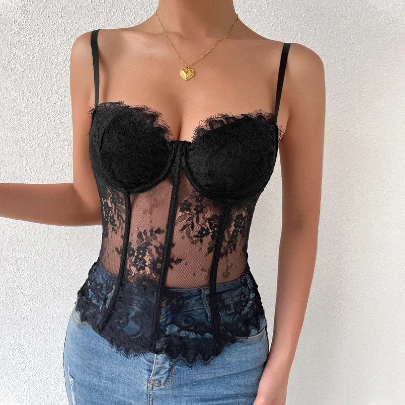 Eyelash lace embroidery corset button sweetheart neck cami top Casual Women's Japanese 