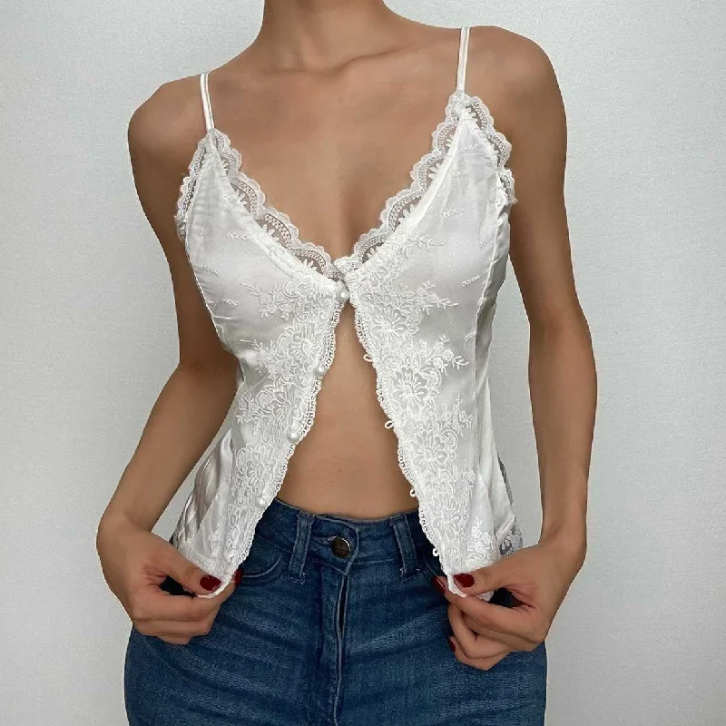 Lace solid button v neck backless cami crop top Bold Women's Animal Print