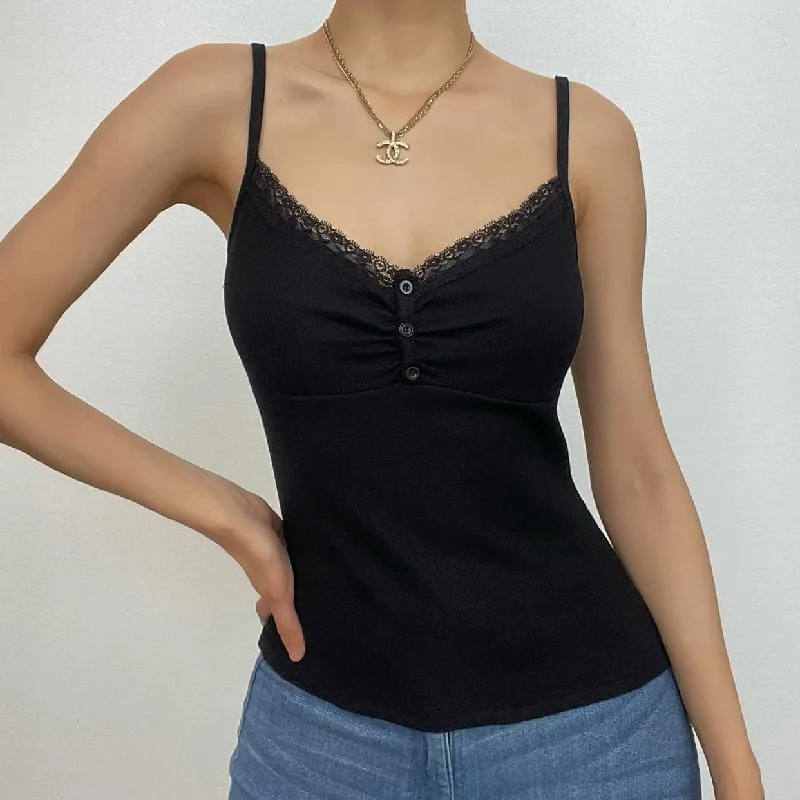 Ribbed solid lace hem v neck button backless cami top Edgy Women's Punk