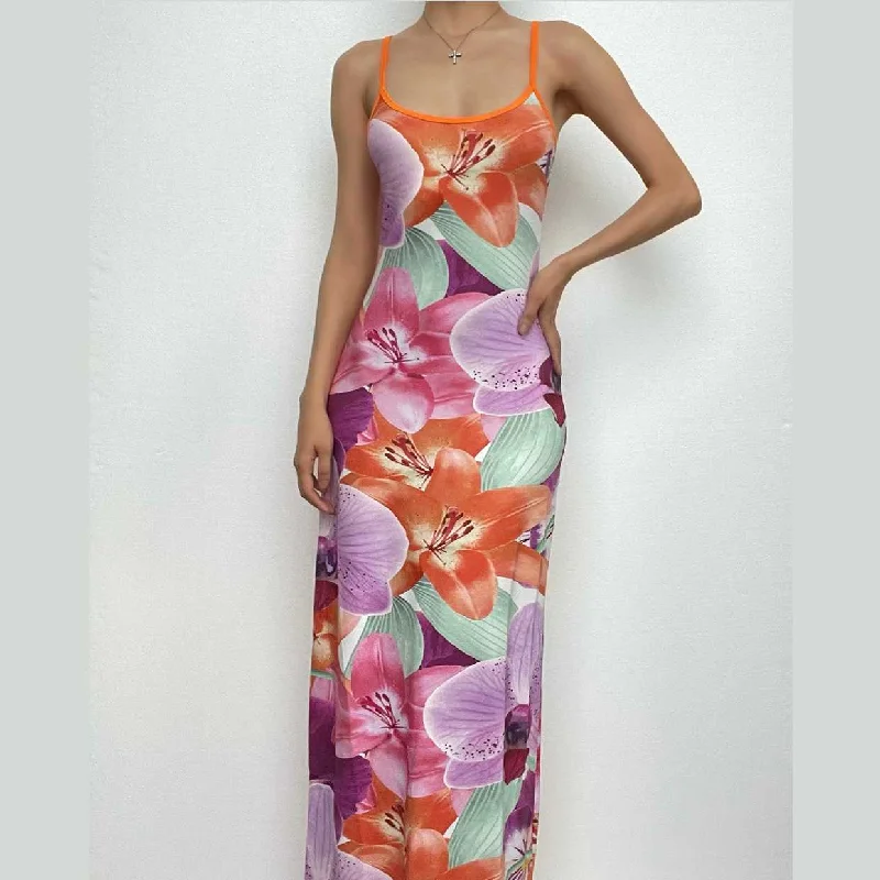 Flower print contrast backless slit square neck cami maxi dress Disco