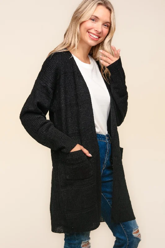Stripe Textured Open Cardigan with Pockets in Black Dynamic Women's High - energy
