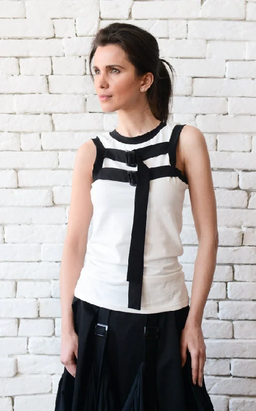 White No Sleeve Top Refined Women's Hand - crafted