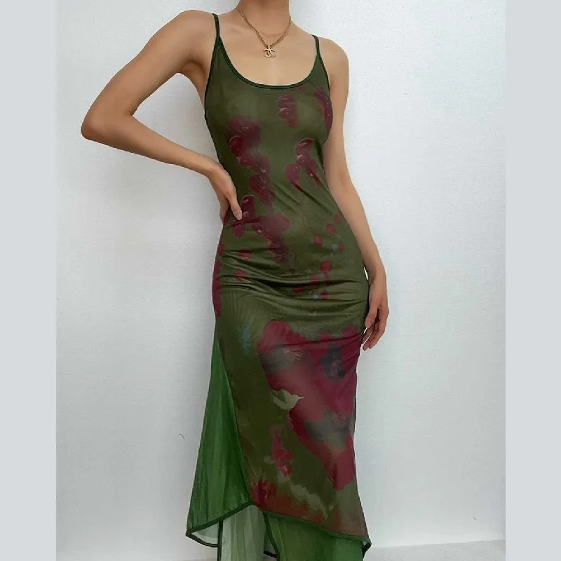 Mesh contrast patchwork u neck backless cami maxi dress Relaxed Women's 