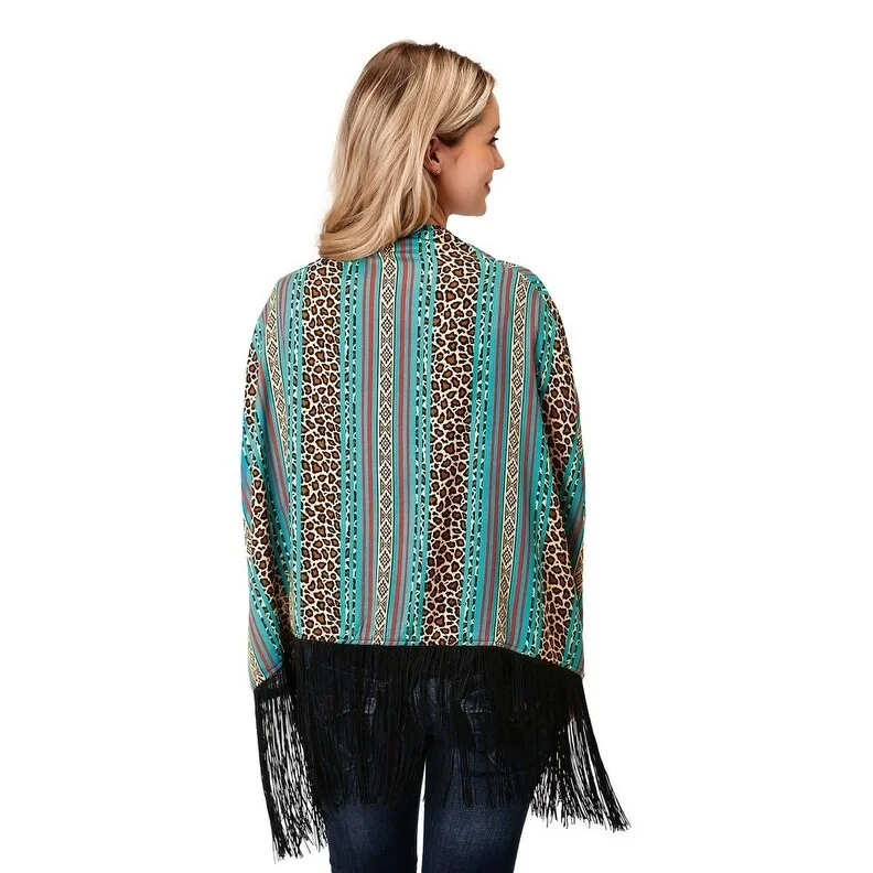 Roper Western Sweater Womens Leopard Stripe Fringe 03-500-0590-0148 MU Monochromatic Office Style