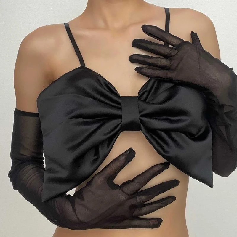 Bowknot solid gloves backless mesh cami crop top Dapper Women's Bow - adorned