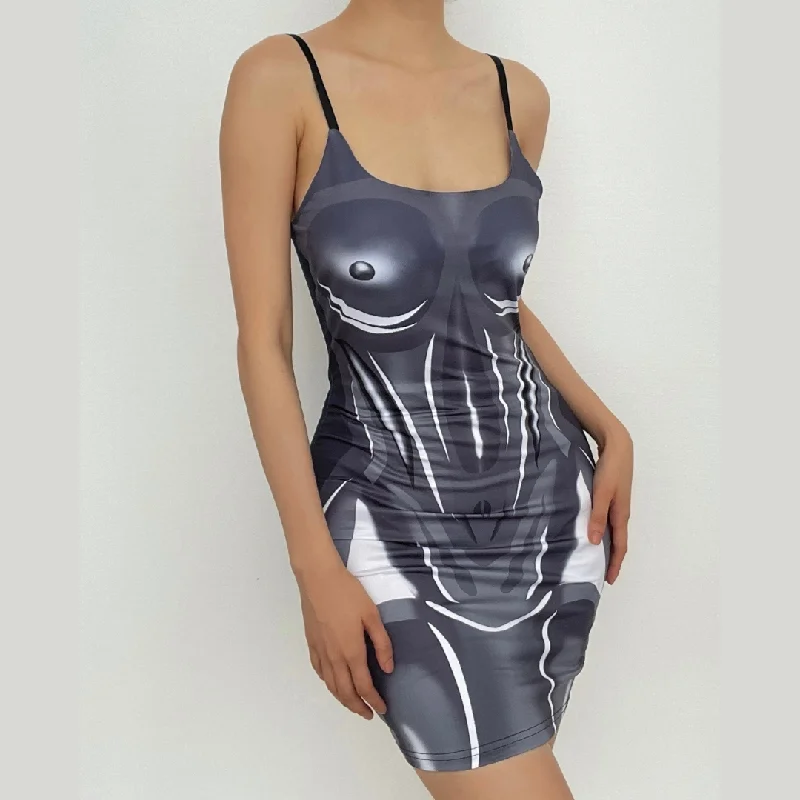 Square neck low cut 3D pattern print contrast backless cami dress Laid - back Women's Vibe Square neck low cut 3D pattern print contrast backless cami dress Laid - back Women's Vibe