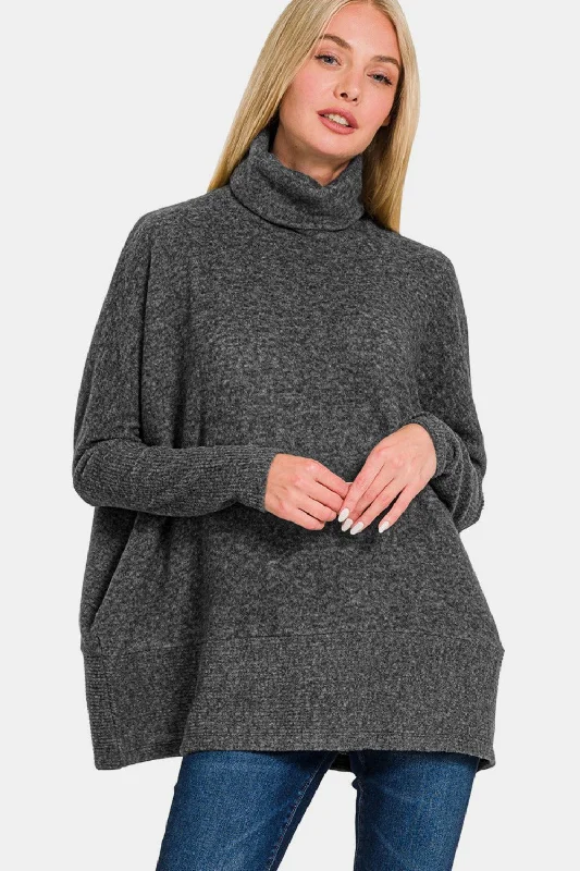 Zenana Brushed Melange Hacci Turtleneck Sweater Black Streetwear Style for 