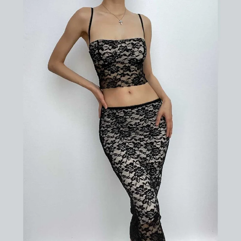Lace contrast button backless square neck cami midi skirt set Hip Women's Retro