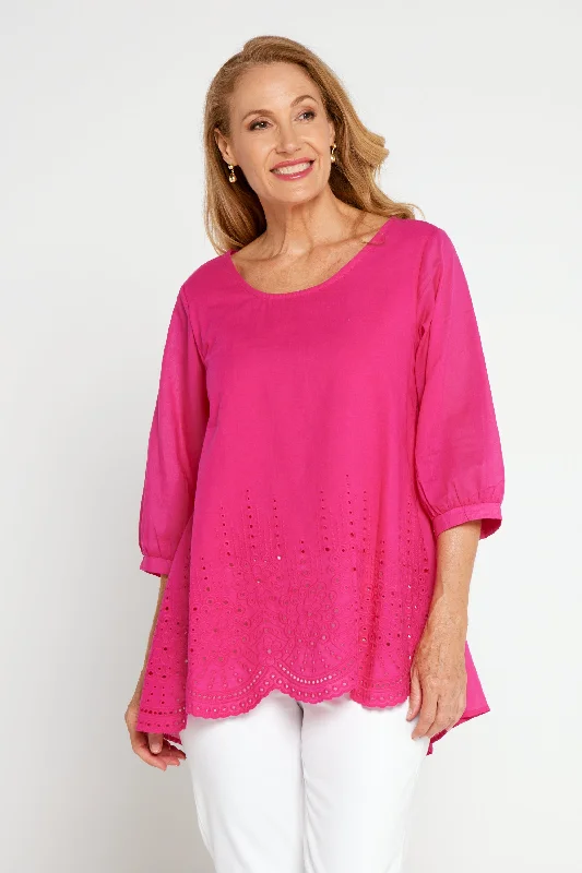 Sophia Cotton Top - Hot Pink Broderie Anglaise Geometric