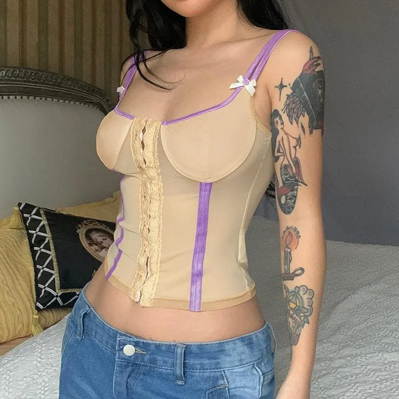 Sheer mesh contrast lace hem cami backless button low cut crop top Monochromatic All - in - one