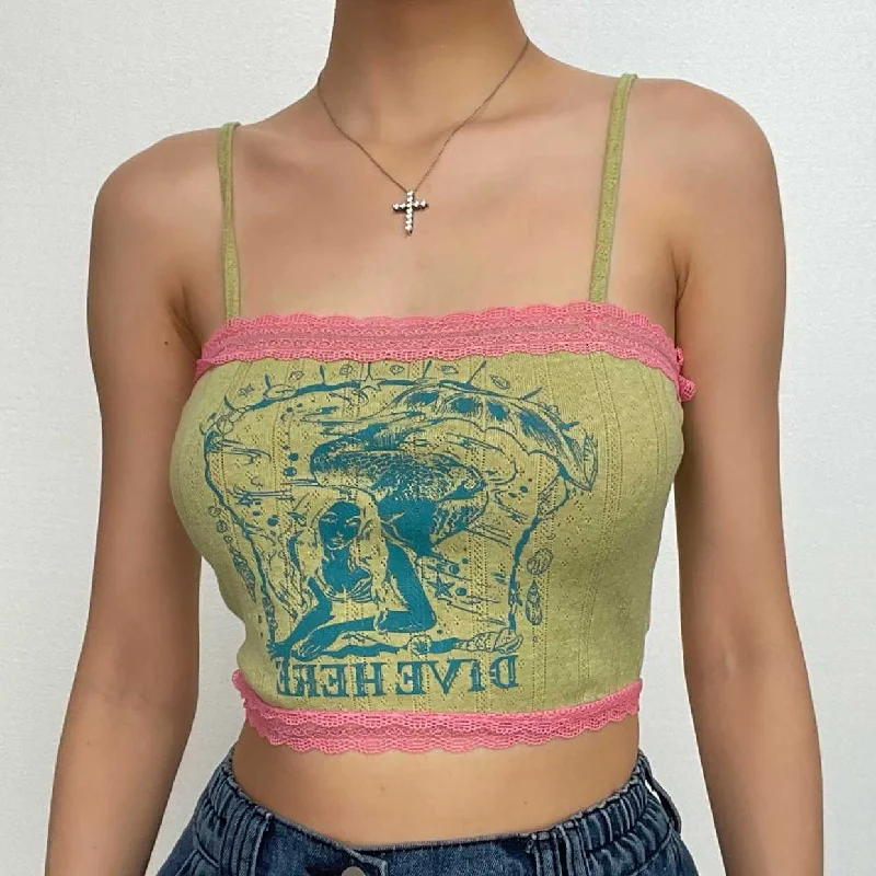 Lace hem contrast print textured cami crop top French