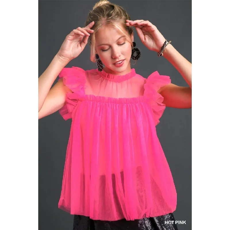 Mesh Ruffle Sleeve And Round Neck Top Disco