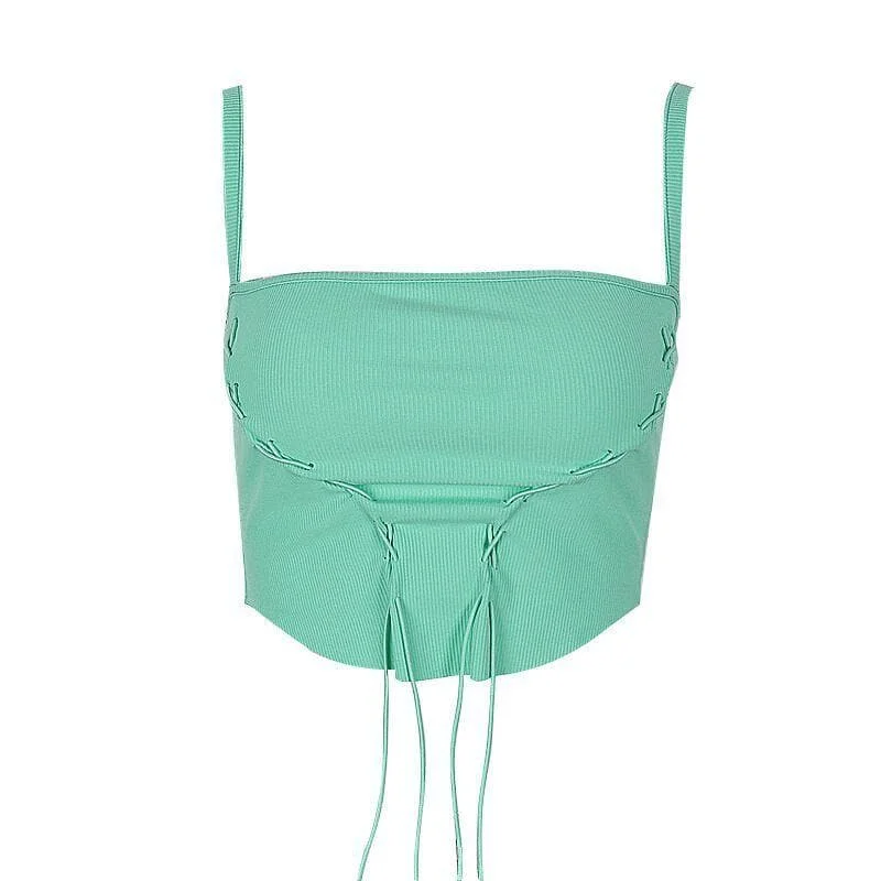 Lace up ribbed square neck backless ribbon solid cami top Casual Women's Japanese 
