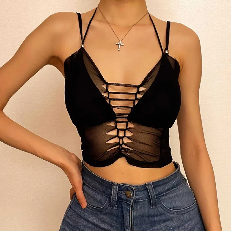 Mesh solid hollow out halter self tie backless 2 piece cami crop top Hip Women's Urban Mesh solid hollow out halter self tie backless 2 piece cami crop top Hip Women's Urban