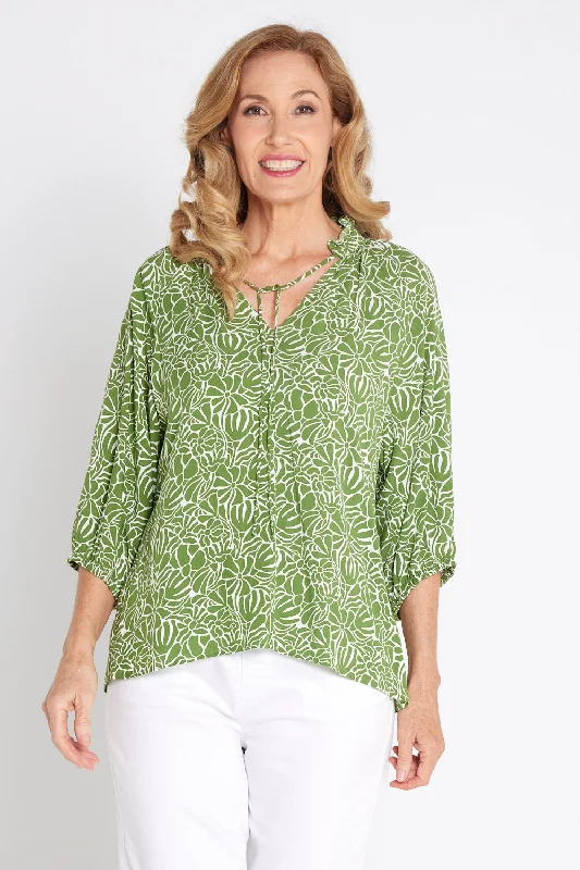 Leaves of Love Print Top - Avocado Dapper Women's Bow - adorned