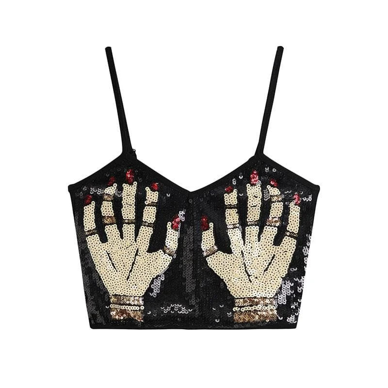Palm pattern glitter backless contrast cami top French