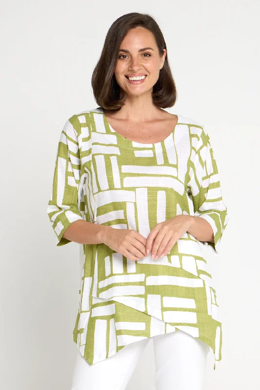 Esther Linen Top - Olive/White Midcentury Sharp Women's Italian