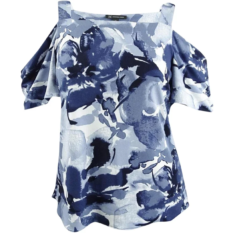 I-N-C Womens Floral Print Cold Shoulder Blouse, Blue, Medium Preppy Women's College