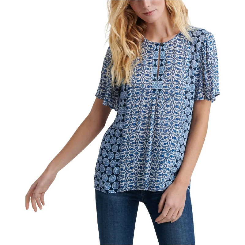 Lucky Brand Womens Tile Flutter Pullover Blouse, Blue, Medium Sleek Women's 
