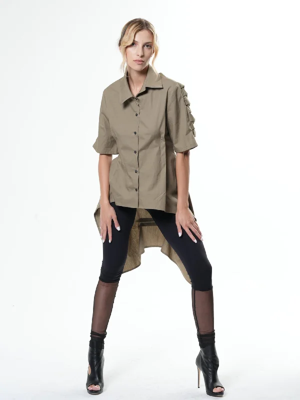 Asymmetric Shirt With Open Back In Khaki Vintage Women's 1970S 