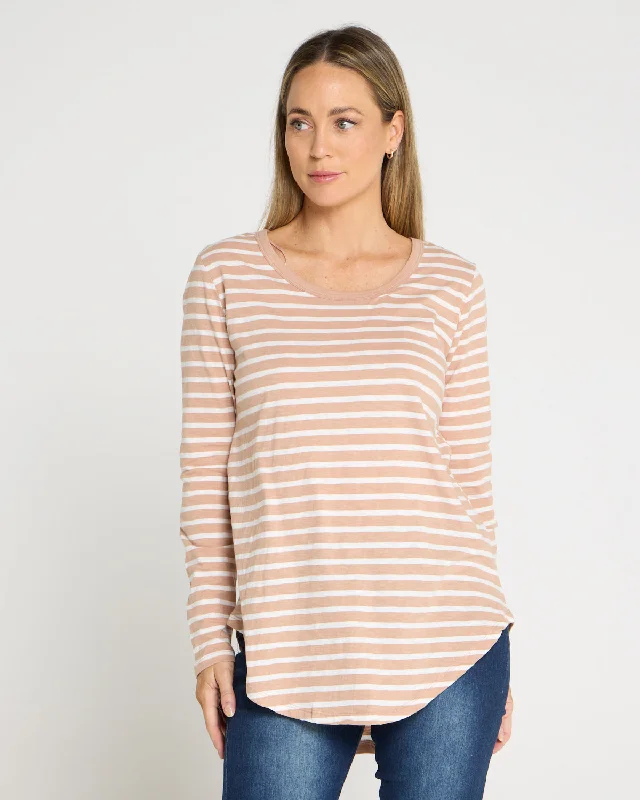 Megan Long Sleeve Cotton Basic Top - Beige Stripe Feminine Women's Style 