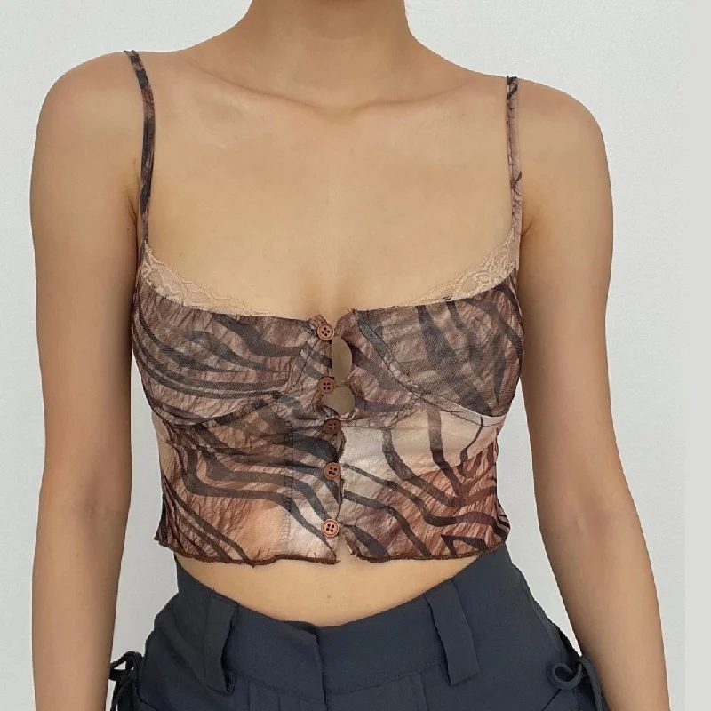 Lace hem tiger Stripe button low cut backless cami top Traditional Women's Wool