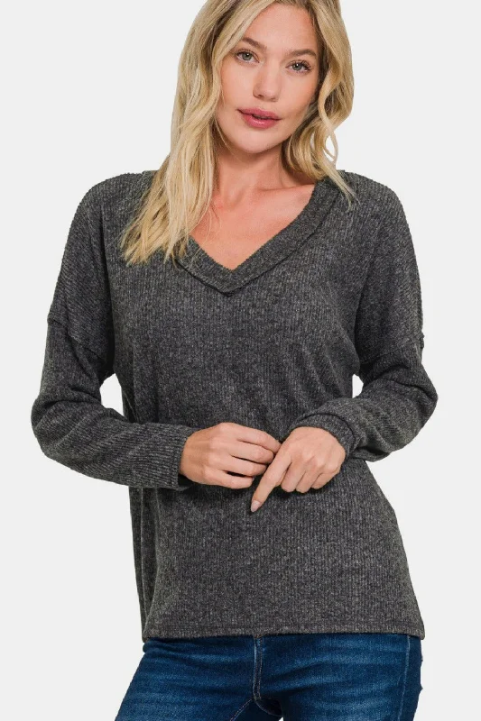 Zenana Ribbed V-Neck Drop Shoulder Top Black Relaxed Women's Beachy