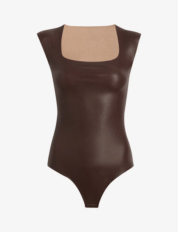 Faux Leather Cap Sleeve Bodysuit Women
