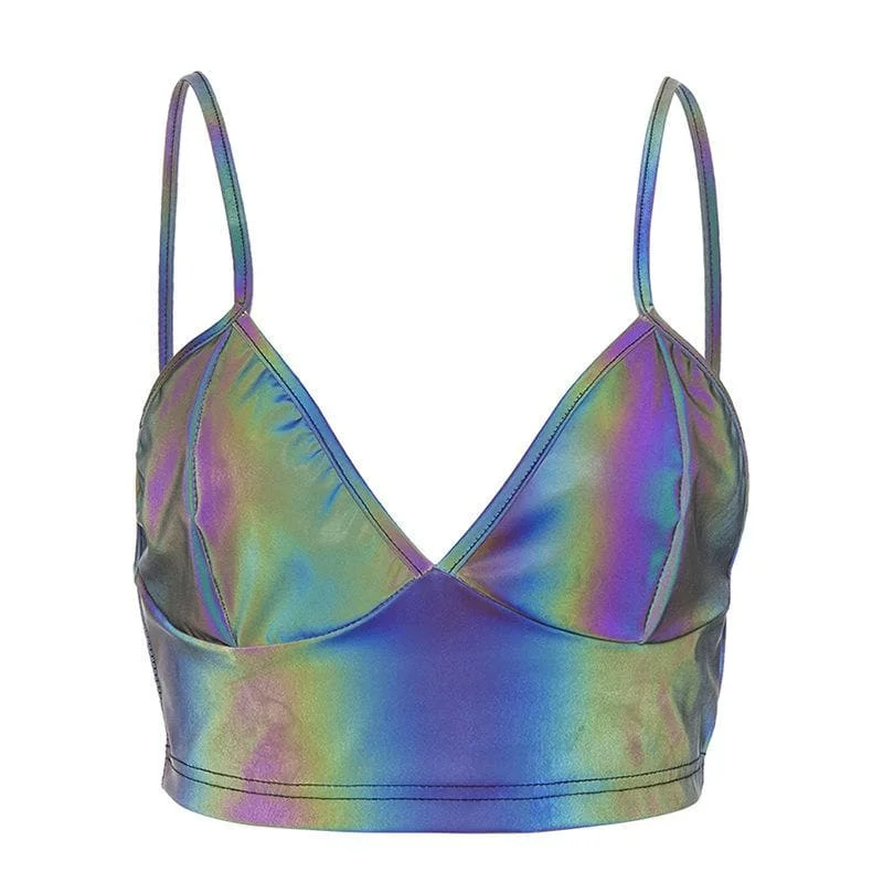Laser metallic v neck backless cami crop top Contemporary 