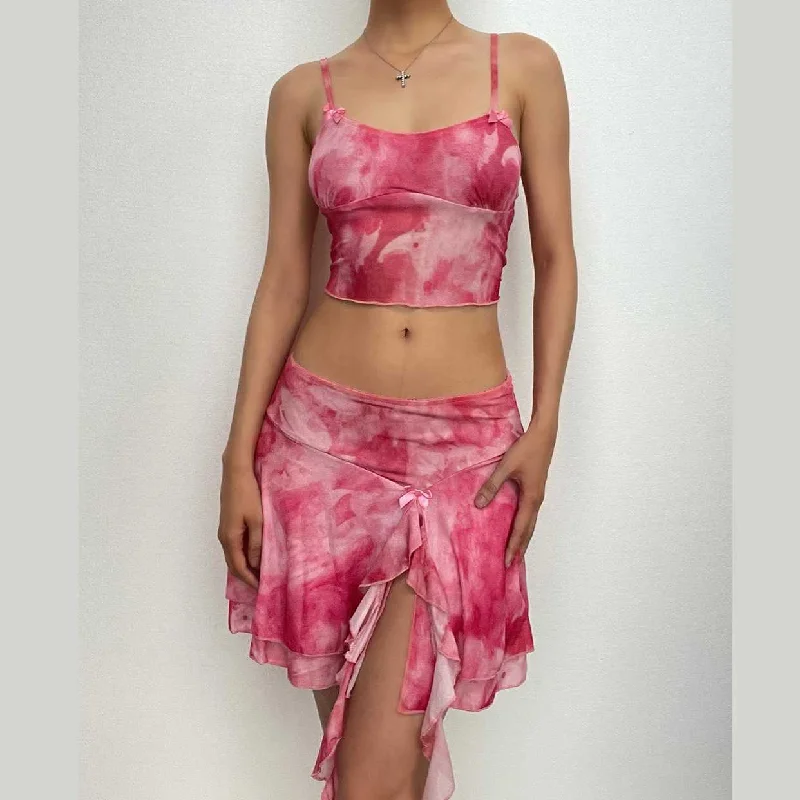 Tie dye contrast ruffle backless bowknot cami mini skirt set Traditional Women's Wool