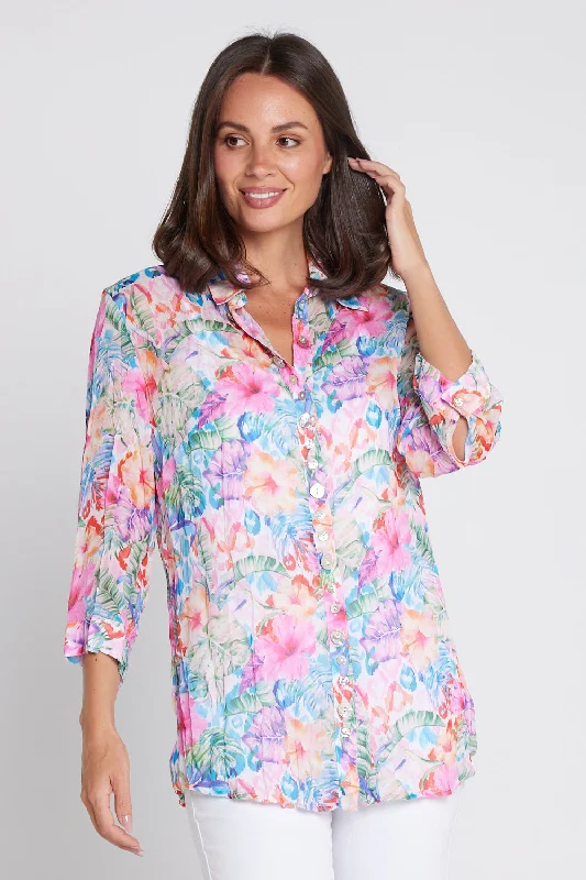 Georgette Digital Print Shirt - Sapphire Blooms (Pink Floral) Trendy Women's Oversized