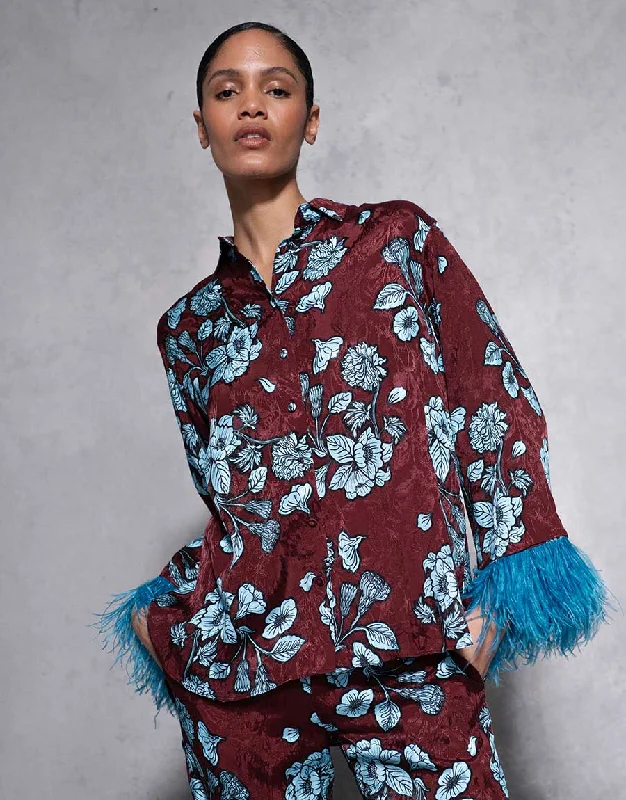 Nesse Floral Jacquard Shirt - Glass Flower Blue Vintage Women's 1970S 