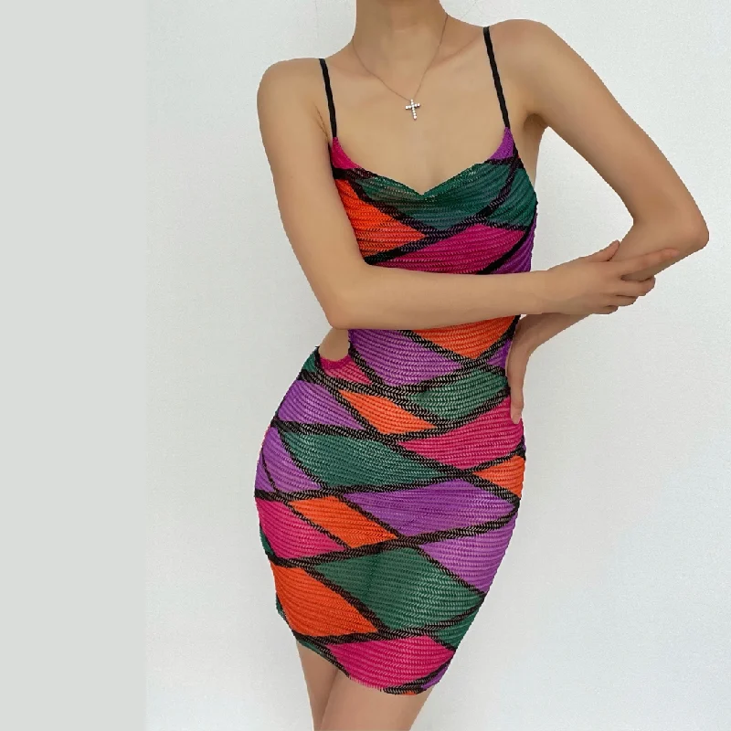 Hollow out sheer mesh see through print contrast cami dress Modern Women's Tech