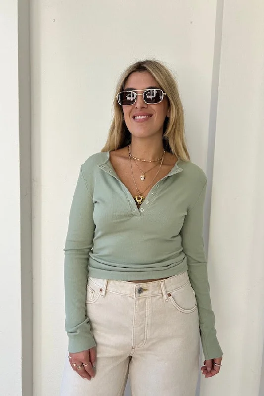 Frankie Buttoned Top Sage Youthful Women's Anime - inspired