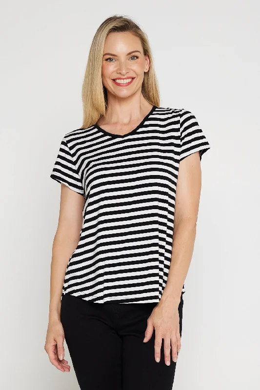 Alison Bamboo Tee - Black/White Stripe Sleek Women's Metallic