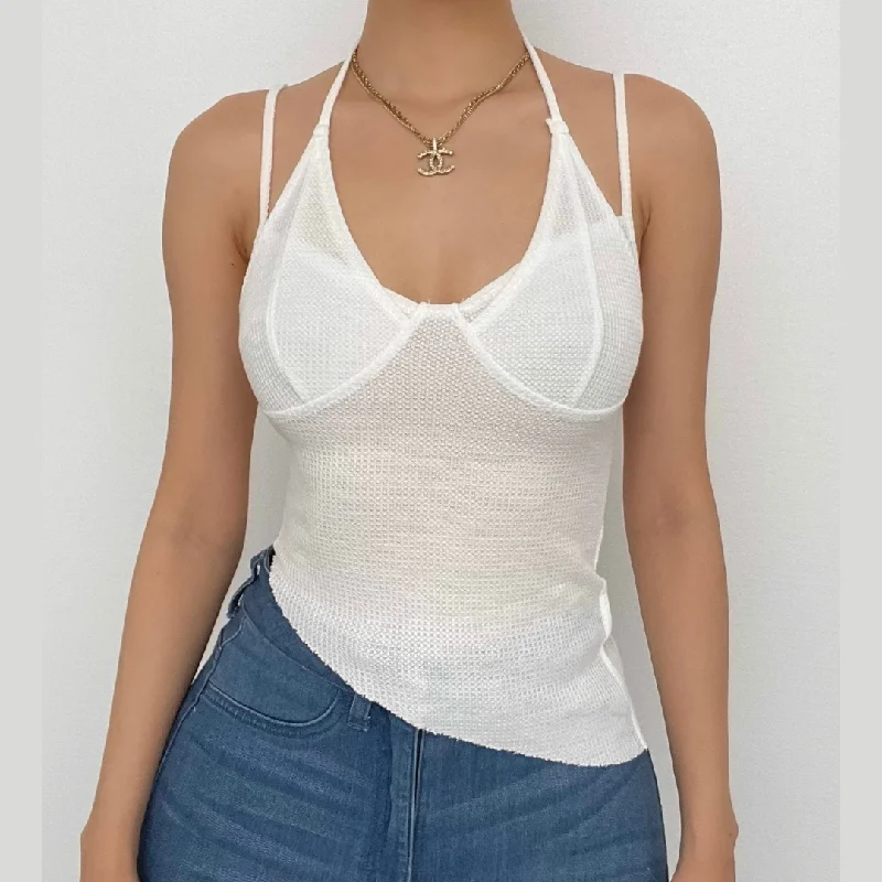 Waffle halter self tie irregular solid cami crop top Youthful Women's Anime - inspired