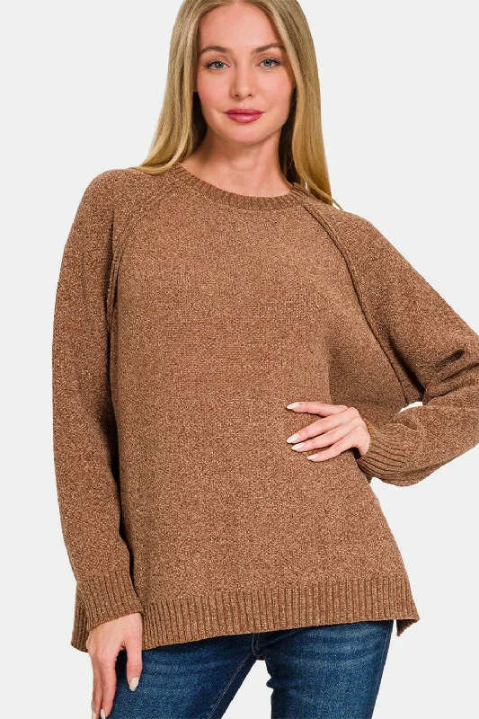 Zenana Side Slit Raglan Sleeve Sweater Camel Adventure