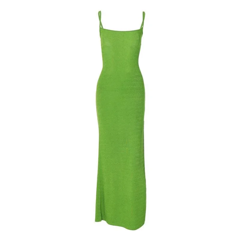 Backless square neck lace up backless solid slit cami midi dress Preppy Women's College