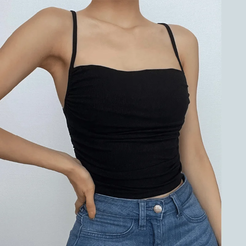 Square neck ruched solid ribbed backless cami crop top Country