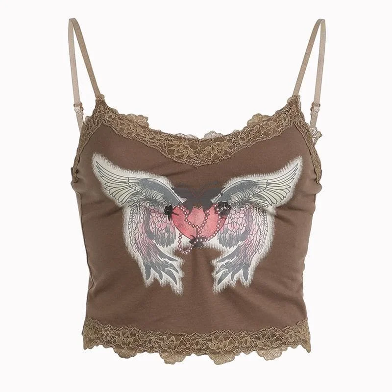 Abstract print contrast lace hem v neck backless cami crop top Bohemian Women's Free