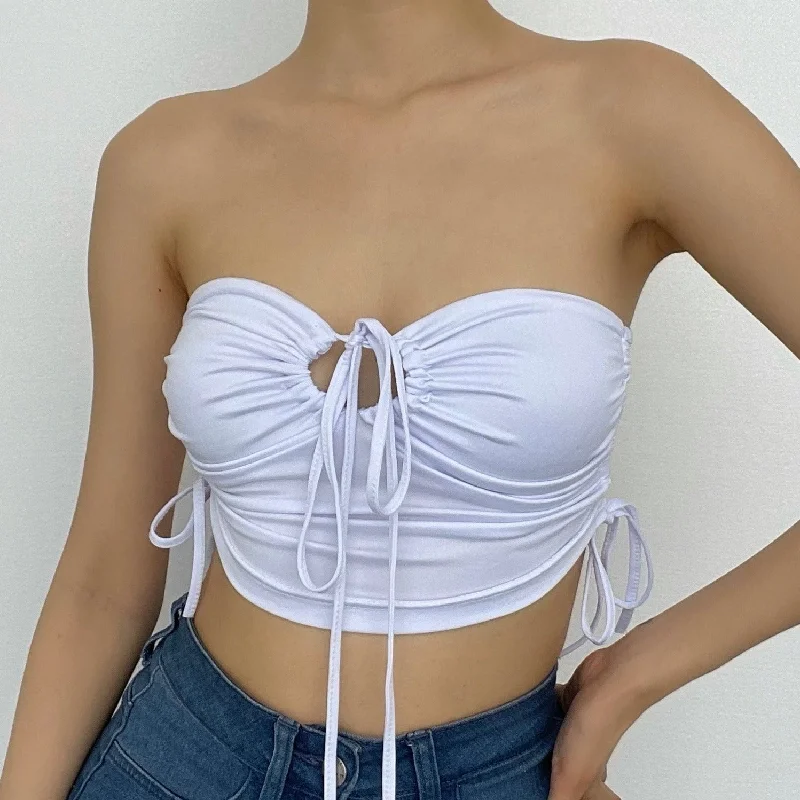 Double layered drawstring ruched V neck halter backless cami top Dapper Women's 1920S